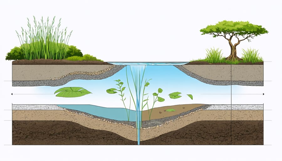 Technical diagram illustrating the layers and construction of a natural pond