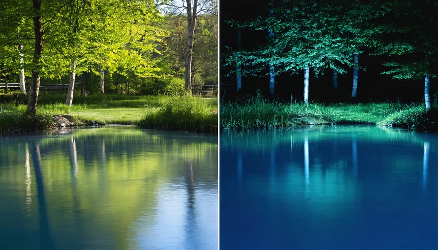 Side-by-side comparison of pond during daylight and with evening illumination