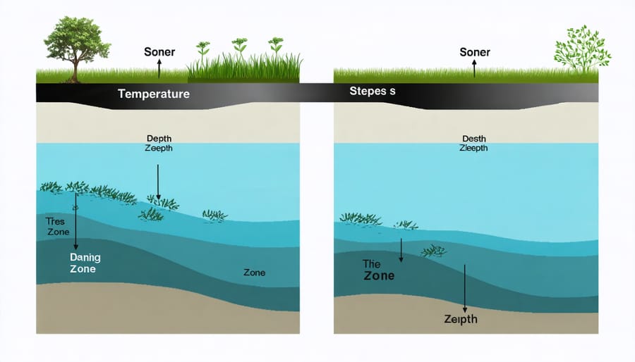 Cross-sectional illustration of a pond showing different temperature layers and depth zones