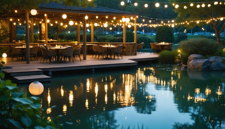 Atmospheric nighttime view of an outdoor dining space with ambient lighting reflecting on pond surface