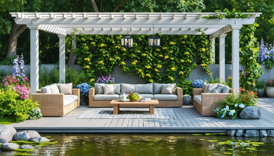 Covered outdoor dining area with pergola, weather-resistant furniture, and natural privacy screening