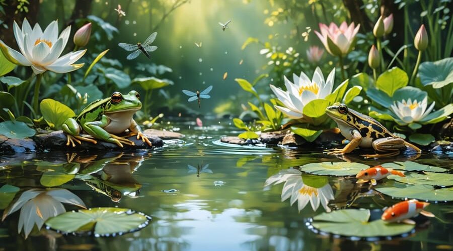A vibrant pond ecosystem featuring frogs, dragonflies, fish, water lilies, and visiting birds in a harmonious natural setting, showcasing biodiversity and ecological balance.