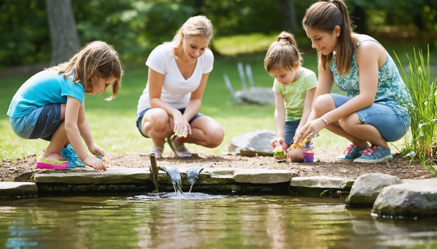 Community group learning about pond ecosystems with instructor pointing at aquatic life