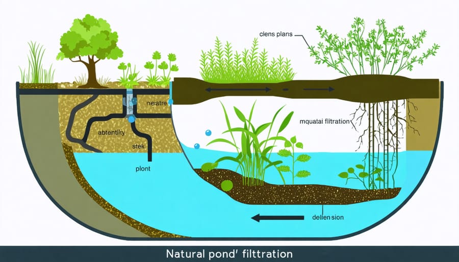 Cross-sectional illustration of pond filtration system showing biological filtering processes