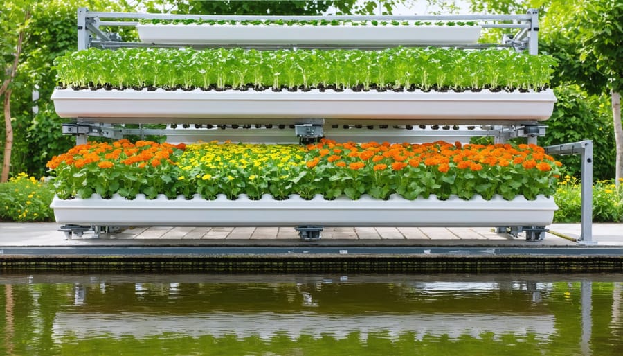 Working hydroponic system with floating plant beds installed over a backyard pond