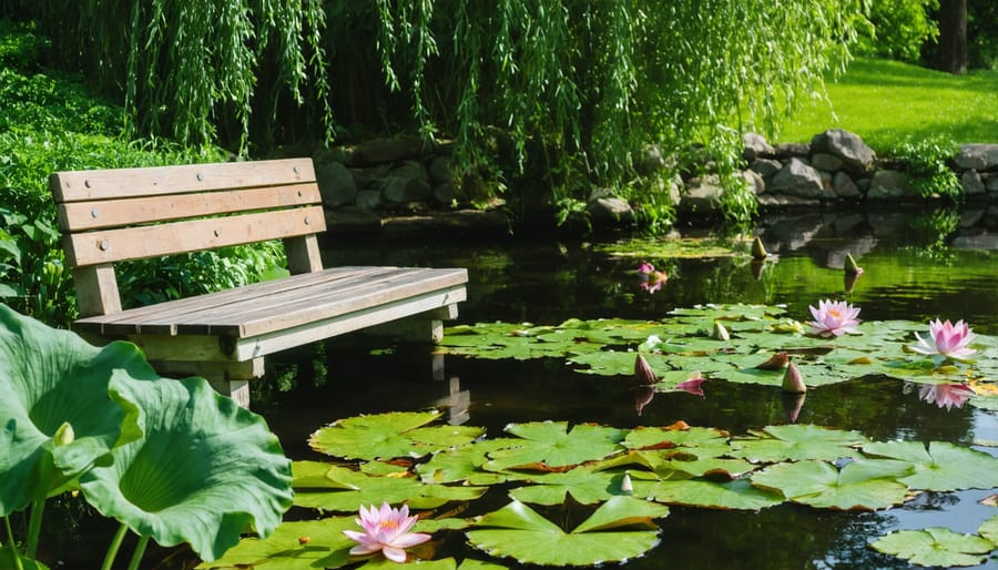 Wooden meditation bench overlooking a tranquil garden pond with water lilies