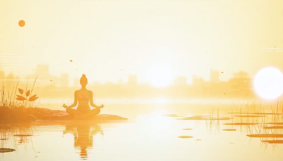 Silhouette of person meditating next to a peaceful pond at dawn