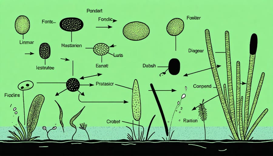 Labeled diagram of common pond microorganisms including paramecium, rotifer, and water flea under microscope