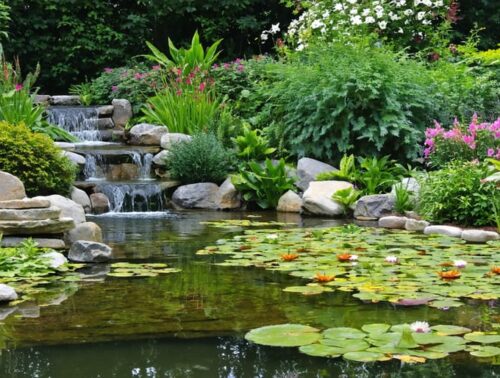 A naturally designed pond bordered by stones and a variety of aquatic plants, showcasing a seamless and harmonious transition between water and garden landscape.