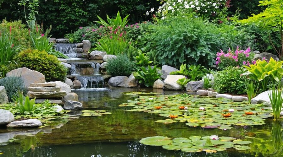 A naturally designed pond bordered by stones and a variety of aquatic plants, showcasing a seamless and harmonious transition between water and garden landscape.