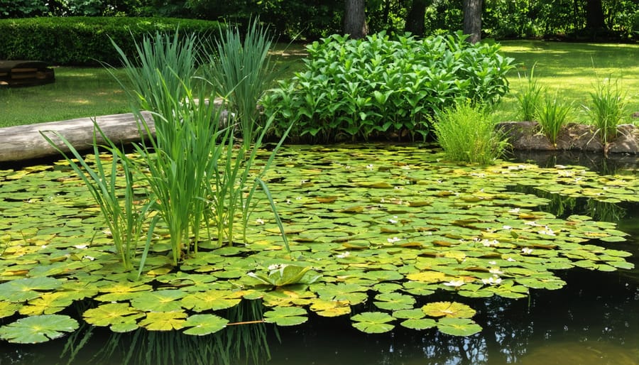 Well-balanced pond with various aquatic plants in different zones demonstrating proper plant placement