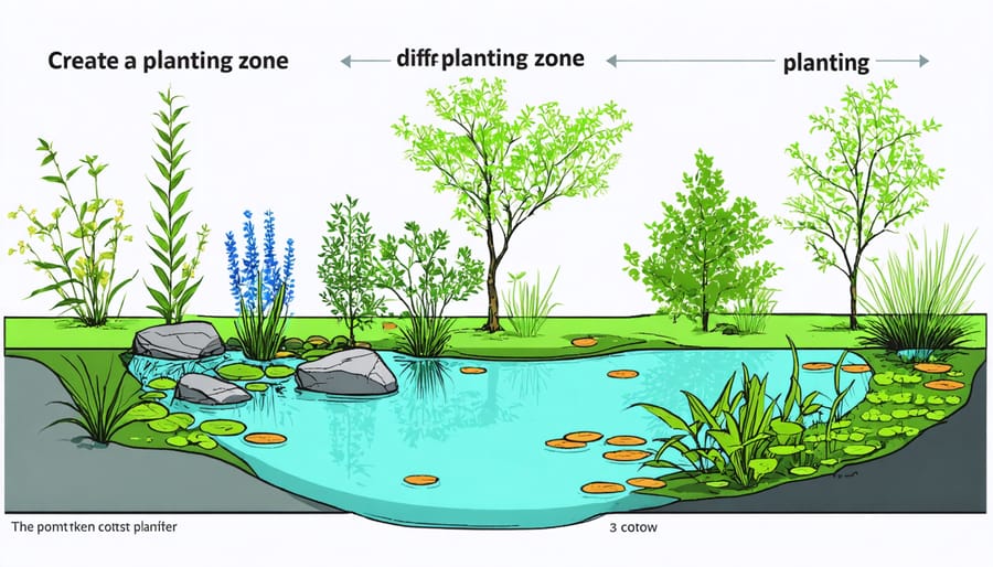 Cross-section illustration of pond planting zones including marginal, floating, and submerged areas