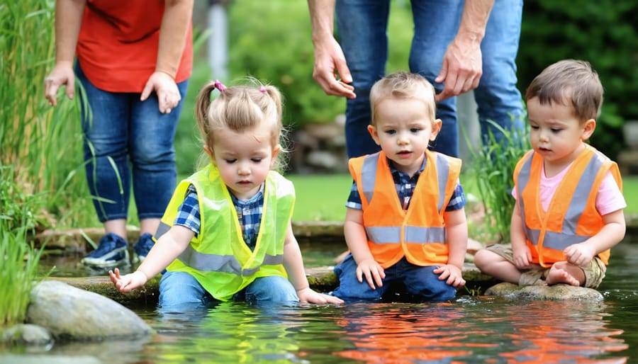 Group of children and adults practicing pond safety with proper equipment