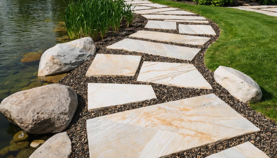 Stone walking path next to pond showing hardscaping integration with water garden