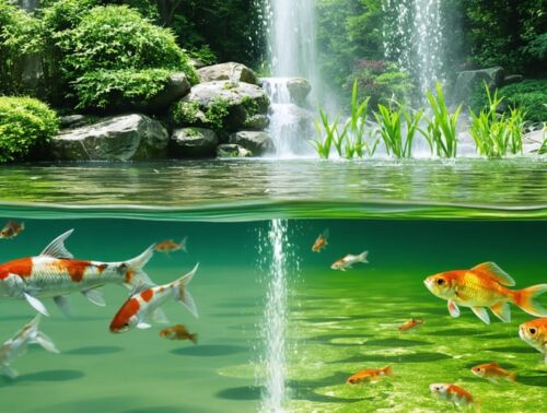 A split image of a pond illustrating the contrast between a healthy environment with clear water and colorful fish versus a toxic environment marked by algae bloom and murky water.
