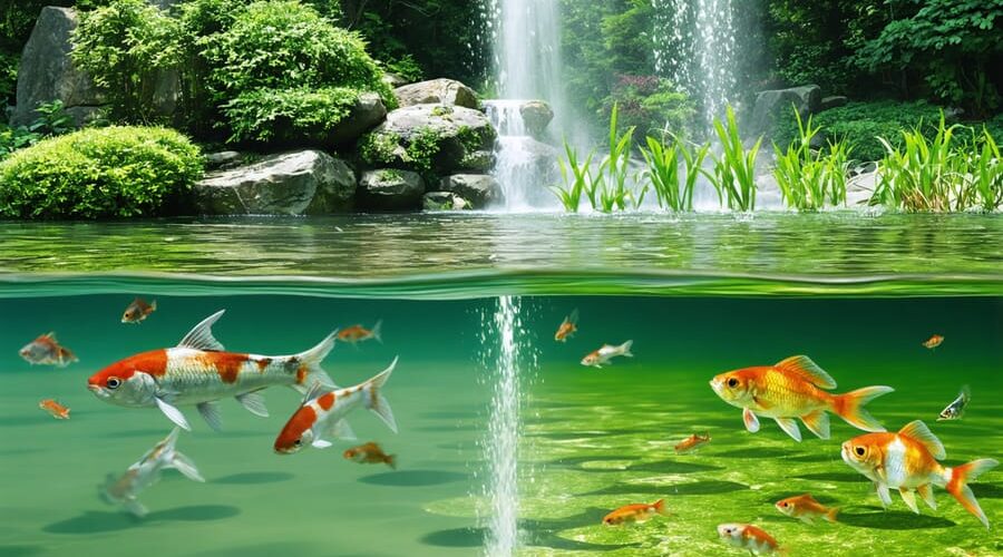 A split image of a pond illustrating the contrast between a healthy environment with clear water and colorful fish versus a toxic environment marked by algae bloom and murky water.
