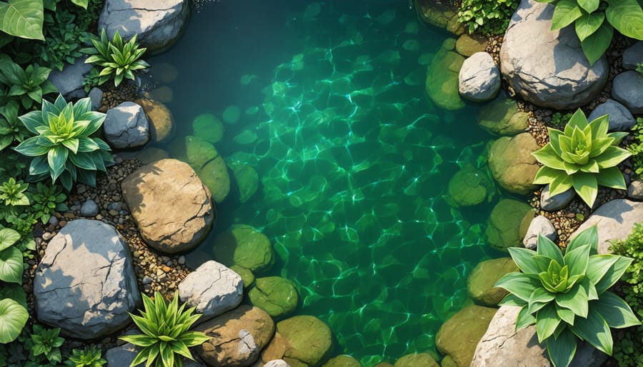 Aerial view of a natural pond design showcasing marginal plants, bog garden, and landscaped edges