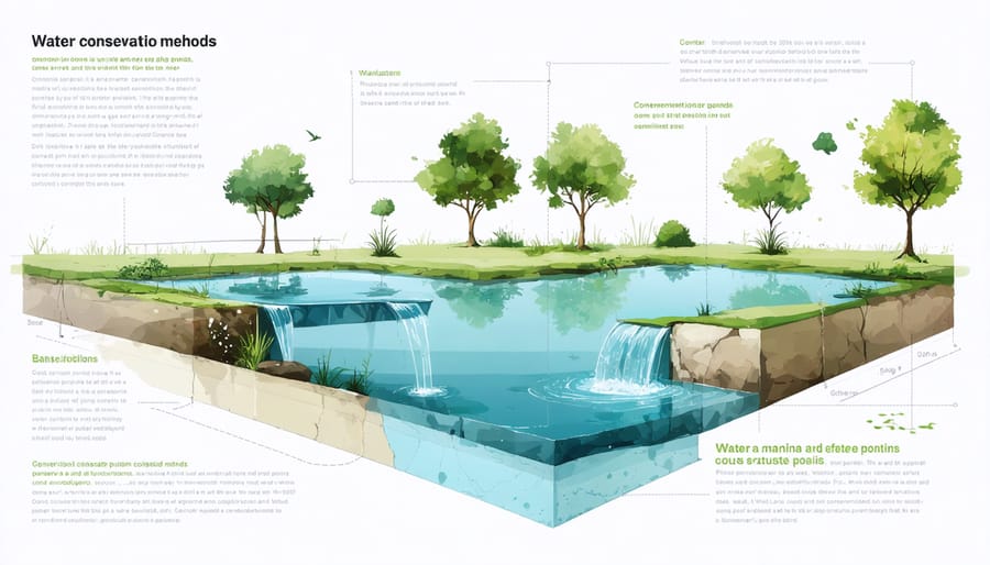 Illustrated guide showing various water conservation techniques including liners, overflow systems, and water level indicators