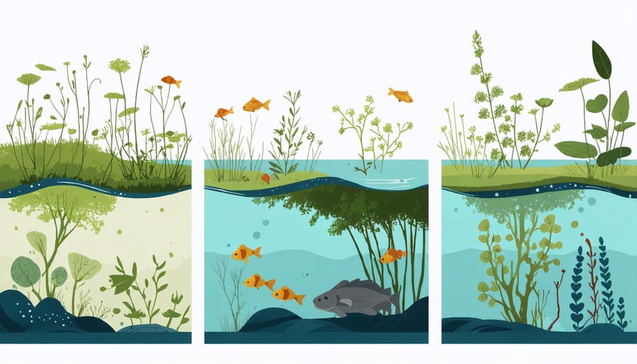 Cross-section diagram of pond water layers showing surface, middle, and bottom-dwelling microscopic organisms