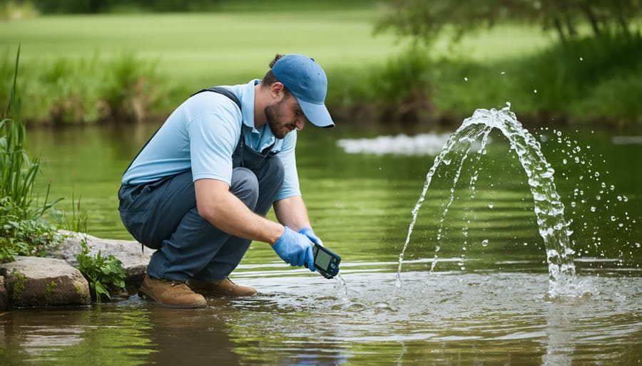 Person collecting water samples from a backyard pond using proper sampling equipment