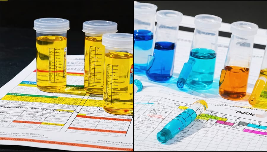 Various pond water testing equipment including pH meter, test strips, and result charts