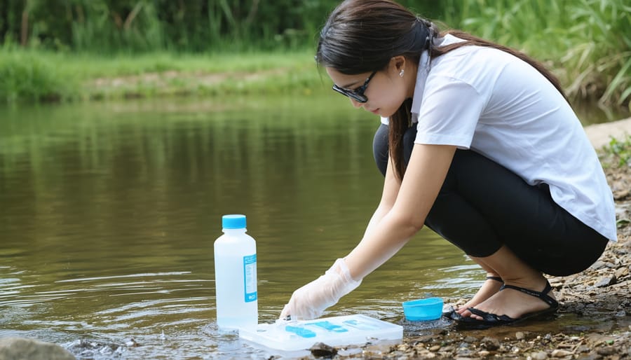 Pond owner testing water quality with a chemical test kit