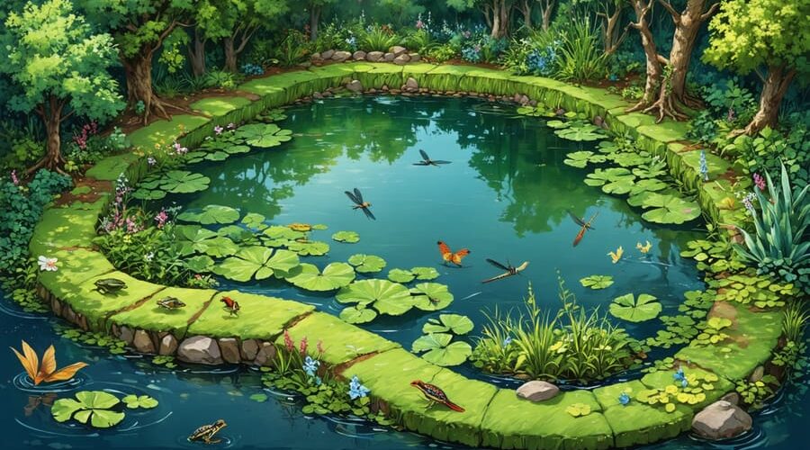 Aerial view of a backyard pond surrounded by lush foliage and native plants extending into the broader landscape, creating natural corridors for wildlife movement.