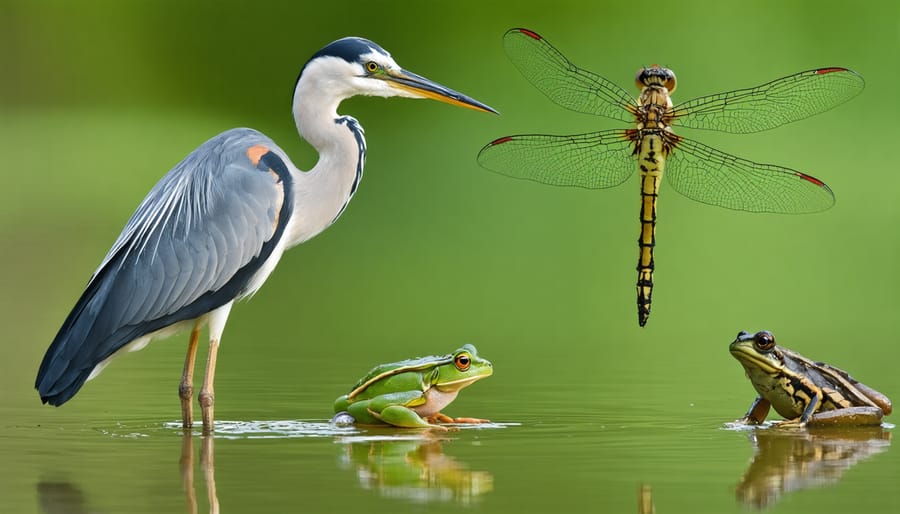 Various pond wildlife species including birds, insects, and amphibians around a water feature