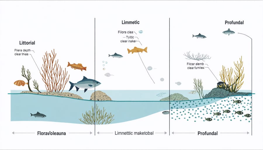 Illustrated cross-section of a pond showing the littoral, limnetic, and profundal zones with their characteristic plants and animals