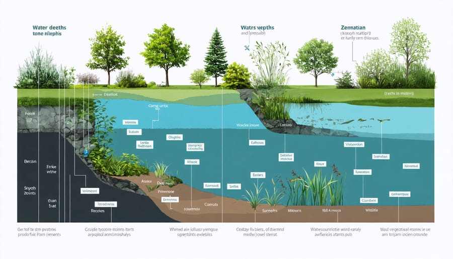 Cross-section illustration of a wildlife pond showing plant zones and water depth variations