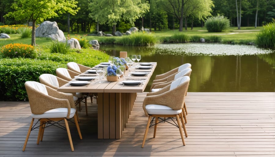 Peaceful pondside dining area featuring a table set for four on a wooden deck overlooking a garden pond