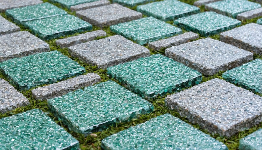 Detailed view of recycled glass pavers used in a garden path