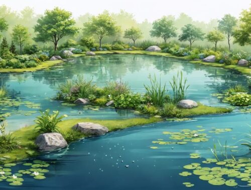 A conceptual illustration of a pond ecosystem with multiple water depth zones featuring native aquatic and marginal plants. The illustration highlights climate adaptation tools like water level monitors and strategic shade plantings to demonstrate resilience to climate challenges.