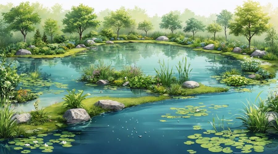 A conceptual illustration of a pond ecosystem with multiple water depth zones featuring native aquatic and marginal plants. The illustration highlights climate adaptation tools like water level monitors and strategic shade plantings to demonstrate resilience to climate challenges.
