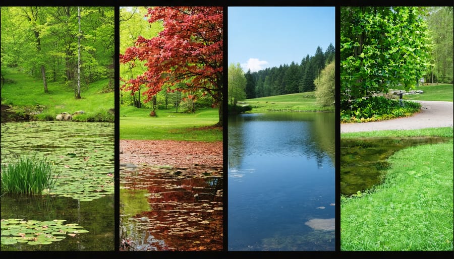 Four-panel image showing the same pond during spring, summer, fall, and winter seasons