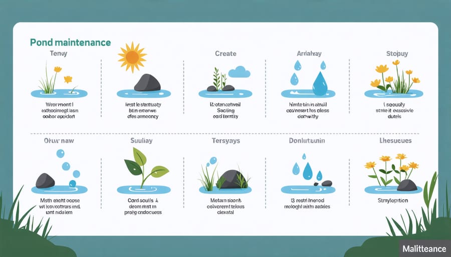 Calendar-style illustration of seasonal pond maintenance tasks throughout the year