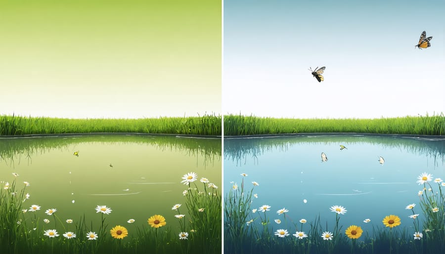 Side-by-side comparison of pond ecosystem in summer with active pollinators and winter with protective features