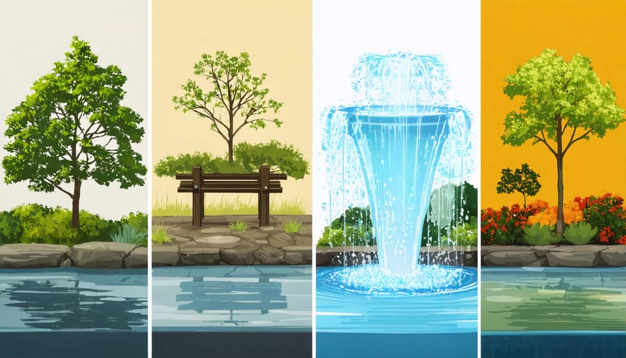 Four-panel image showing water feature maintenance across all seasons