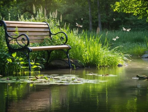 A tranquil pond setting with a partially hidden wooden bench surrounded by native grasses and plants, illustrating an ideal spot for wildlife observation. Early morning light reflects on the water, showing a dragonfly in flight, a bird on a branch, and a frog near the water's edge.