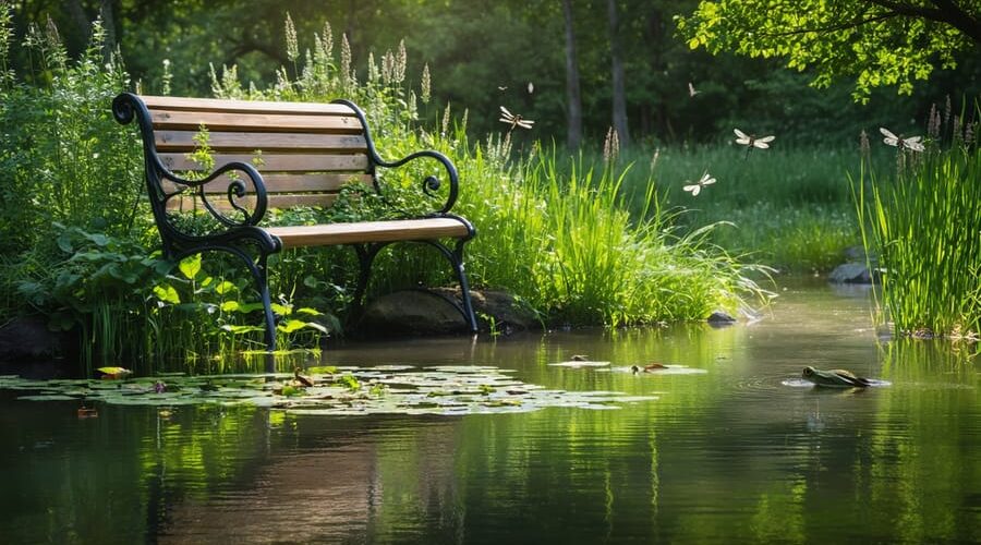 A tranquil pond setting with a partially hidden wooden bench surrounded by native grasses and plants, illustrating an ideal spot for wildlife observation. Early morning light reflects on the water, showing a dragonfly in flight, a bird on a branch, and a frog near the water's edge.