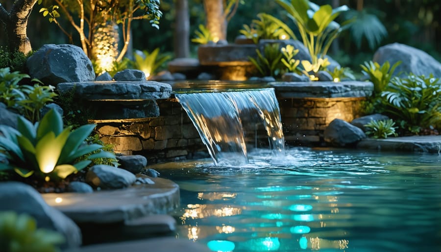 Illuminated water garden at night showcasing programmable LED lighting effects