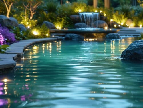 A tranquil twilight garden with a glowing pond, enhanced by colorful underwater LED lights and softly lit pathways leading to a fountain, demonstrating smart outdoor lighting techniques.