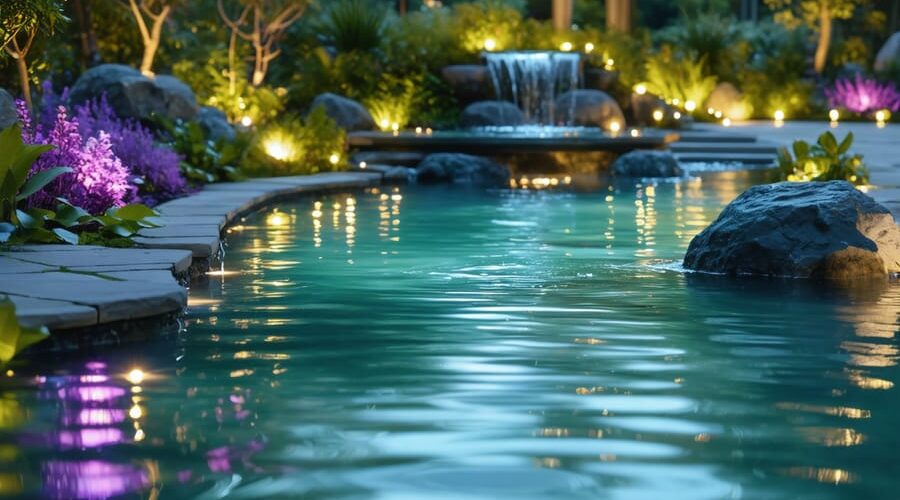 A tranquil twilight garden with a glowing pond, enhanced by colorful underwater LED lights and softly lit pathways leading to a fountain, demonstrating smart outdoor lighting techniques.