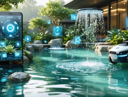 A water garden equipped with advanced smart technology, featuring digital irrigation control panels, automated plant monitors, and robotic garden devices for enhanced care and convenience.