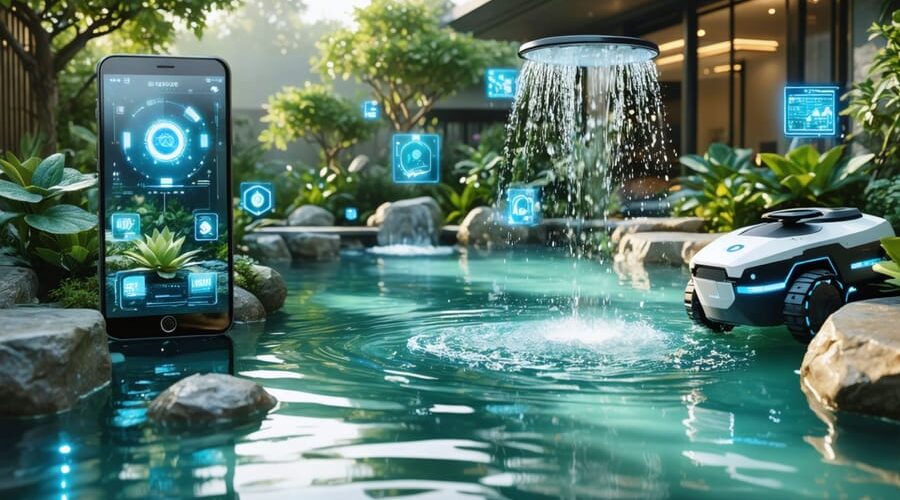 A water garden equipped with advanced smart technology, featuring digital irrigation control panels, automated plant monitors, and robotic garden devices for enhanced care and convenience.