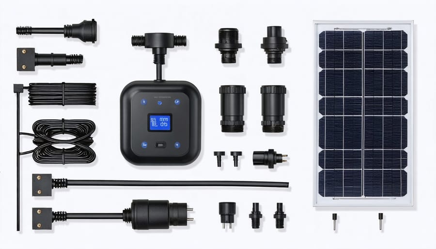 Solar panel, air pump, tubing, and diffuser components arranged for DIY pond aeration installation