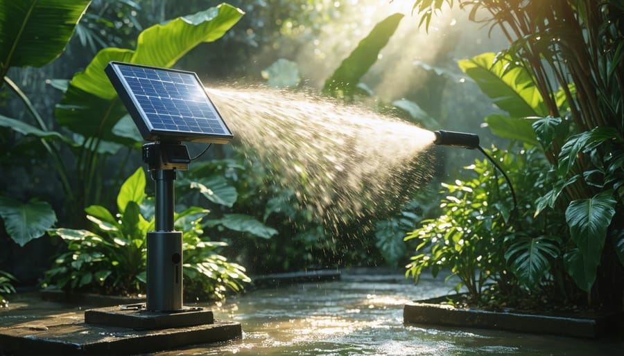 Demonstration of solar-powered mist system spraying delicate plants in garden setting
