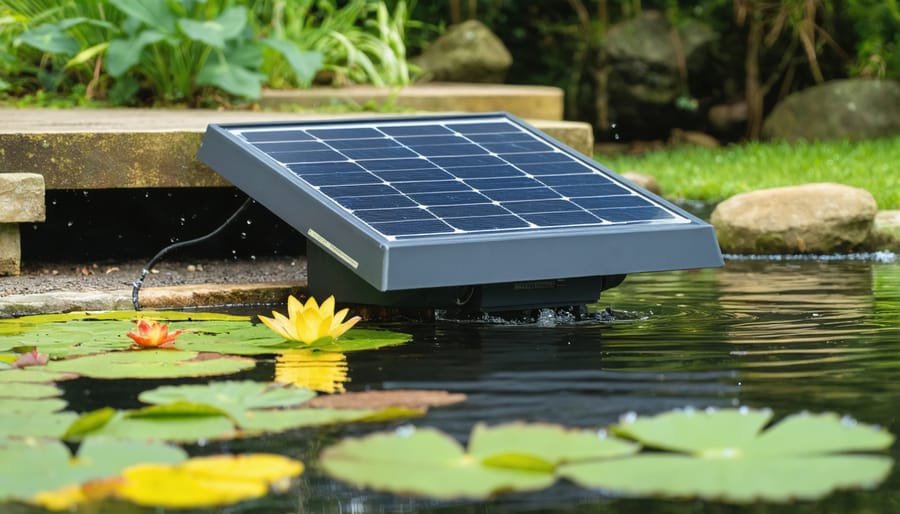 Solar panel connected to pond pump with energy-efficient LED lights around water feature