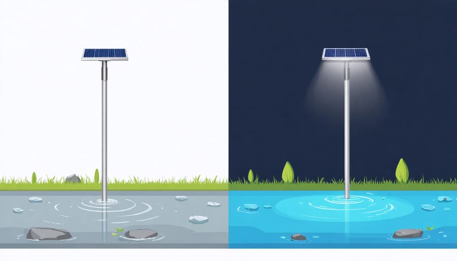 Side-by-side comparison of solar and low-voltage lighting systems around a water feature