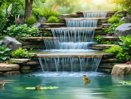 Picture of a serene garden pond with a cascading multi-tiered waterfall, surrounded by lush greenery, with birds perched nearby and small wildlife visible, creating a tranquil outdoor retreat.